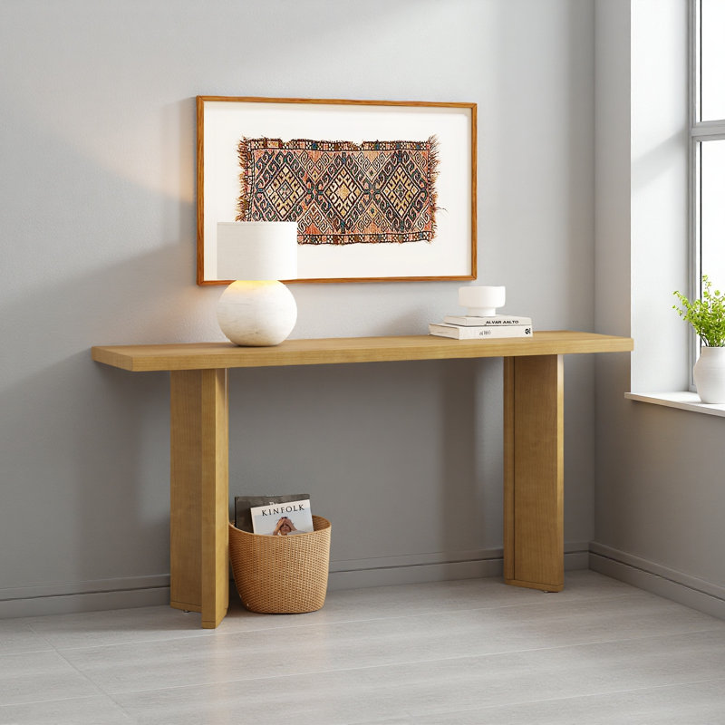 Élégante console avec placage de pin et pieds géométriques, idéale pour le salon, le bureau et la salle à manger, Naturel