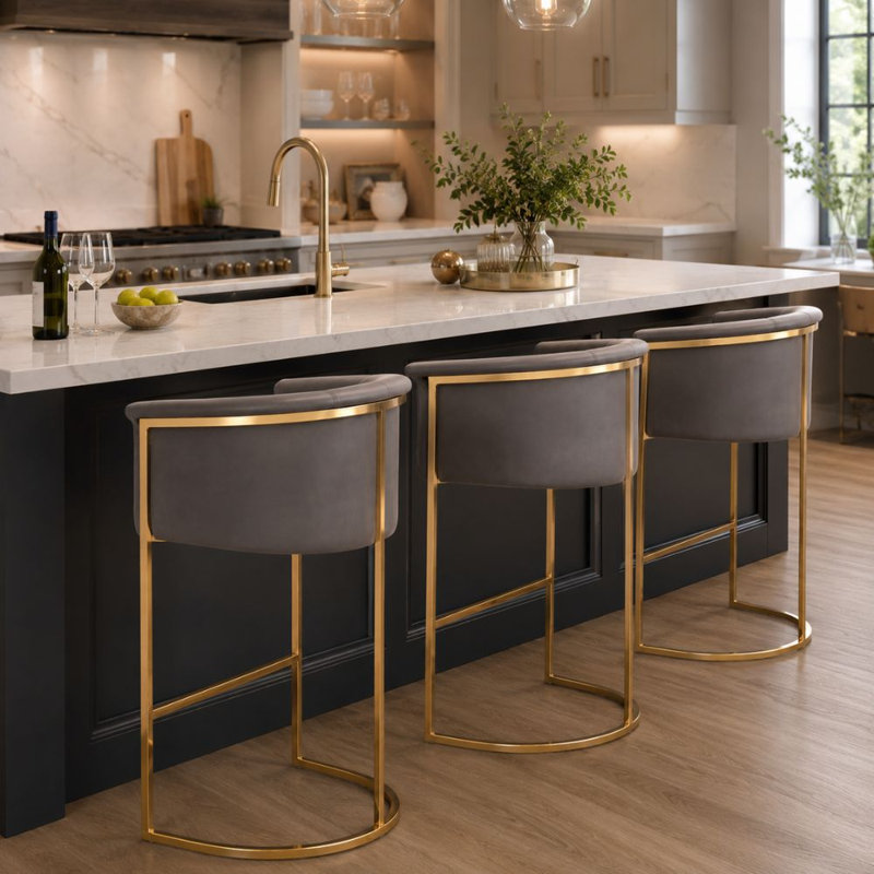 Tabouret de bar Monroe en similicuir avec structure dorée, Grey