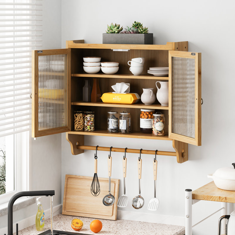 24.8''Glass Door Vintage Double Door Wall Cabinet With Three Tiers Of Storage With Towel Rack,For Bathroom, Kitchen,,Dining Room,Natural