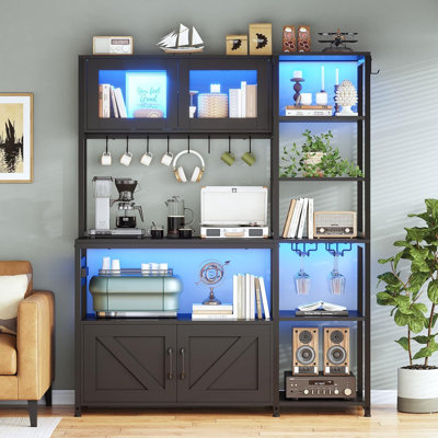Farmhouse Bakers Rack With LED Light,Space Saving,Black