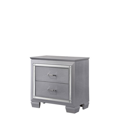 Armoire de chevet moderne à 2 tiroirs avec lumières DEL, miroir biseauté et faux cristal, finition argentée, profondeur 29,9 po, largeur 17,5 po, hauteur 29,5 po pour la chambre à coucher