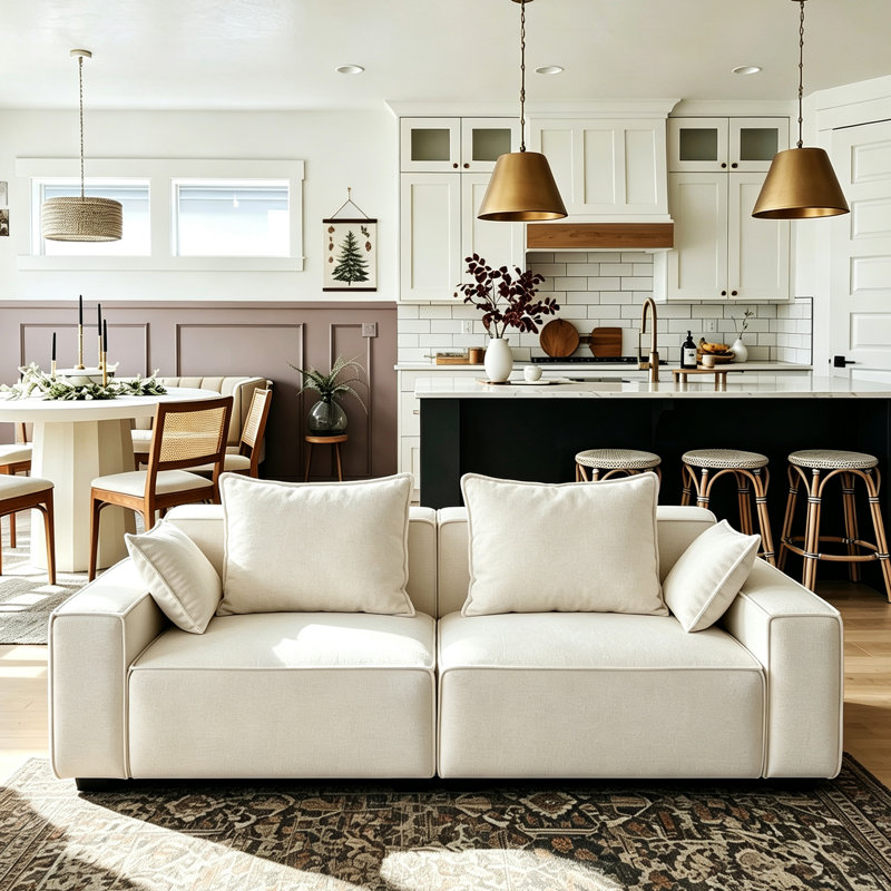 Makassar 89.37' Sofa with Square Armrests, Chenille beige