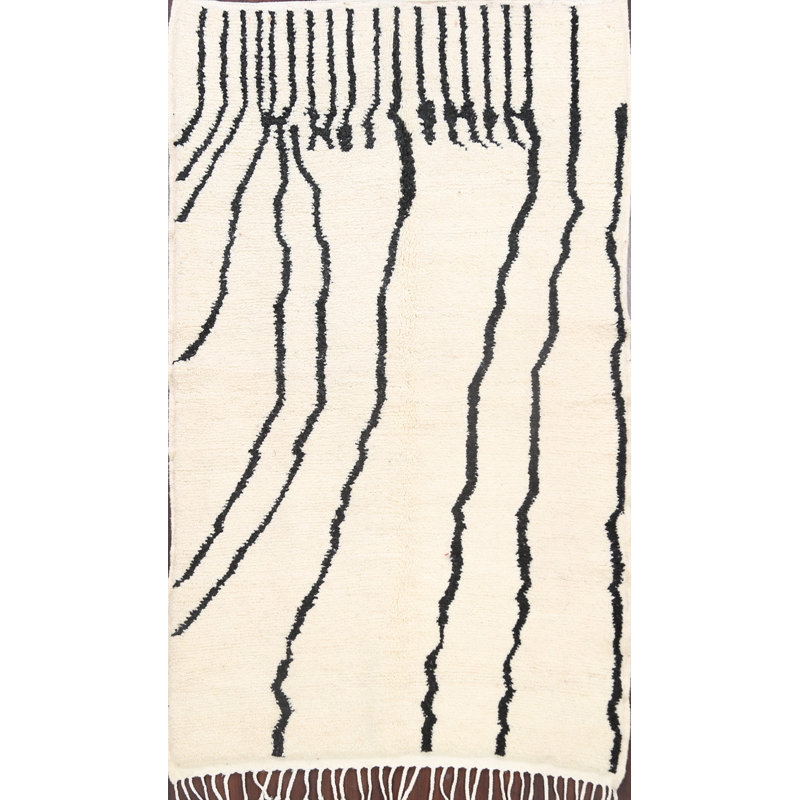 Tapis décoratif en laine Ivoire noué à la main de conception unique 5 pi 4 po x 7 pi 11 po New Age