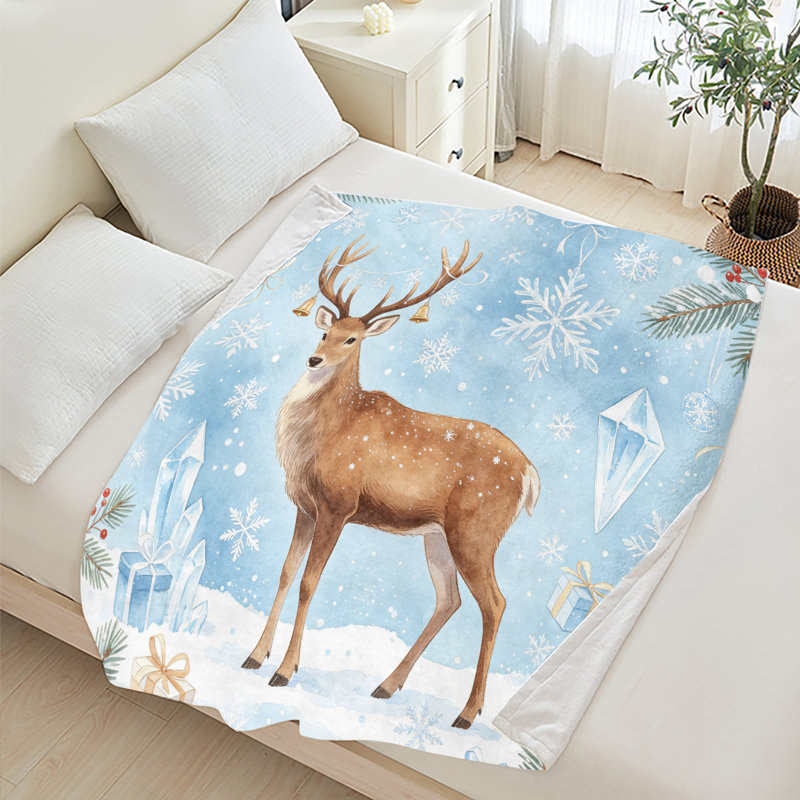Couverture polaire en flanelle JYK pour lit simple, motif cerf cristal, idéale pour Noël. Légère, respirante, douce et chaude en microfibre pelucheuse, 152 x 203 cm.