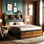 Industrial Metal Upholstered Storage Bed With Bookcase Headboard & Charging Station (USB/Type-C), Rustic Brown & Black PU Frame With LED & 2 Drawers, EU Double & King 140/160X200cm-929919665