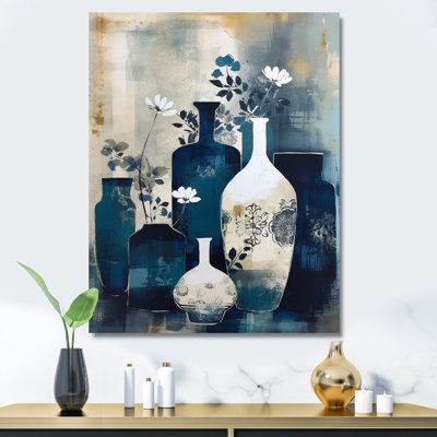 Blue And Cream Whimsical Clay Vase II - Boho Pottery Wall Art For Living Room