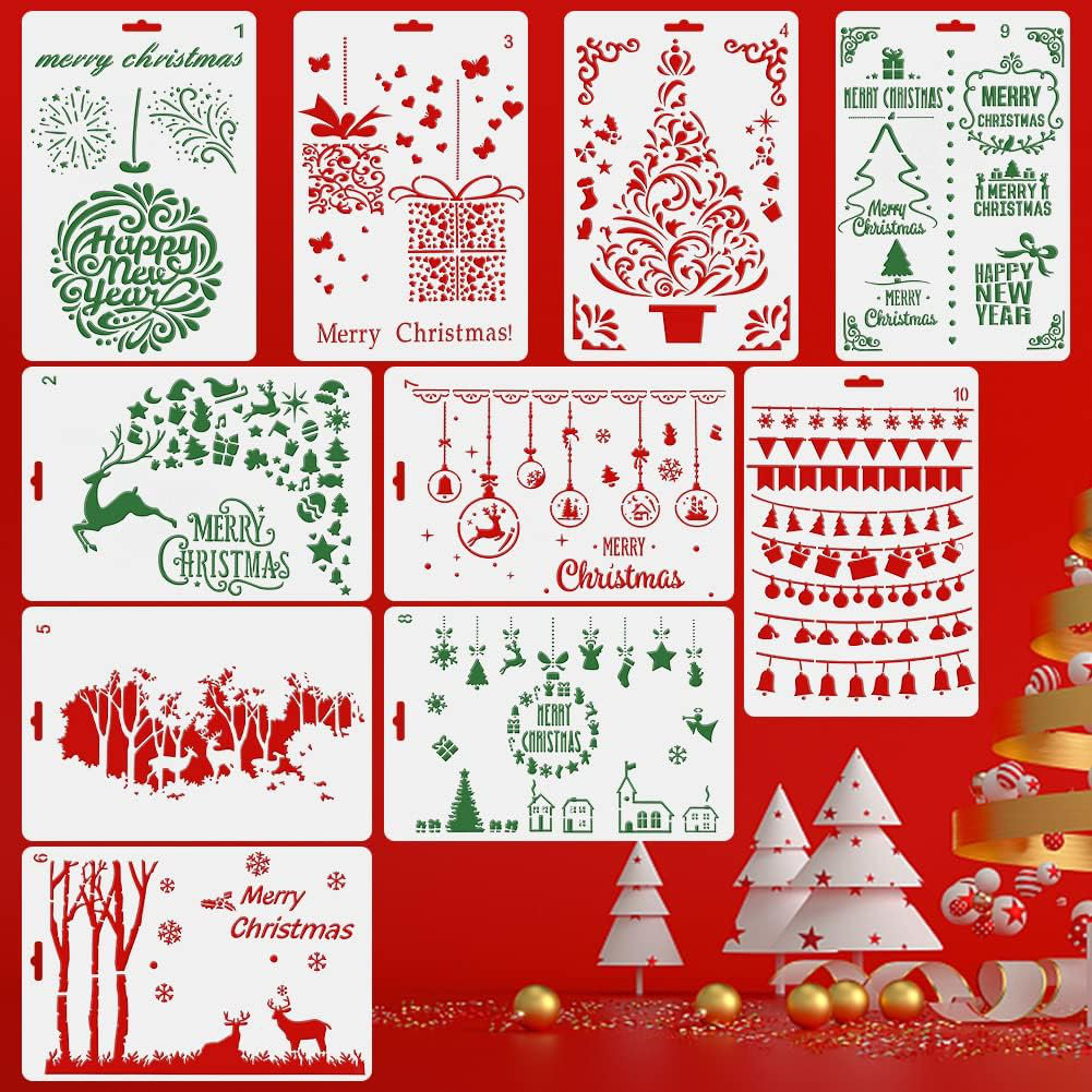 10 Piece Christmas Stencils Template Set , Journal Stencil Plastic Stencils for DIY Card, Window, Wood, Cookie, Paper, Fabric, Glass, and Wall Art, CH