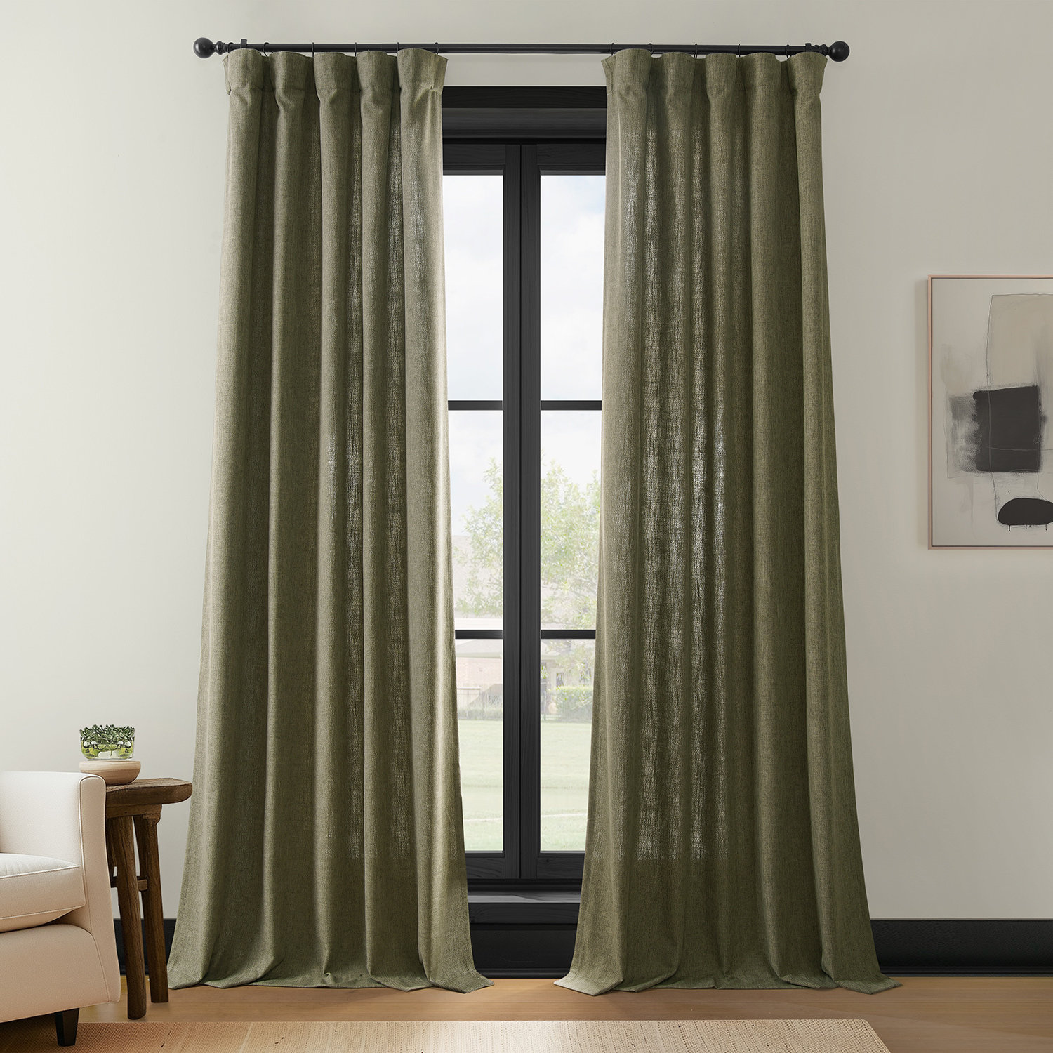 Farmbry Faux Linen Curtain Panel Set, 50" W x 84" L, Green