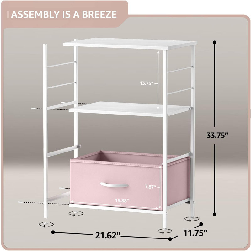 Table de chevet à 2 tiroirs et tablettes Sorbus avec structure en acier, plateau en bois et bacs en tissu - rose, Rose