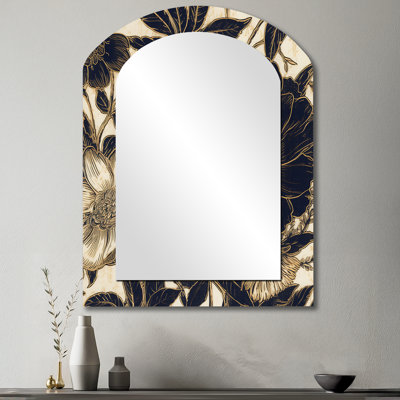«Blue Gold Carnation Flower II» - grand miroir mural asymétrique, œillets traditionnels, impression sur métal