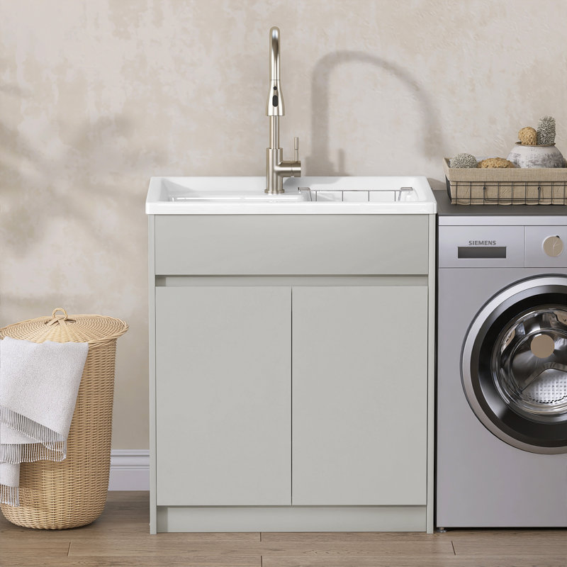 Freestanding 30'' Light Grey Laundry Sink Cabinet with Hot & Cold Water Faucet Drop-in Solid Surface Utility Sink