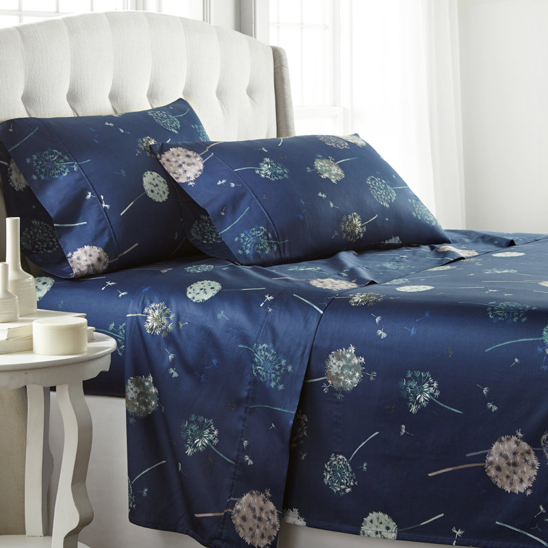 Ensemble de draps 100% coton 300 fils Dandelion Dreams Collection, Bleu, Simple