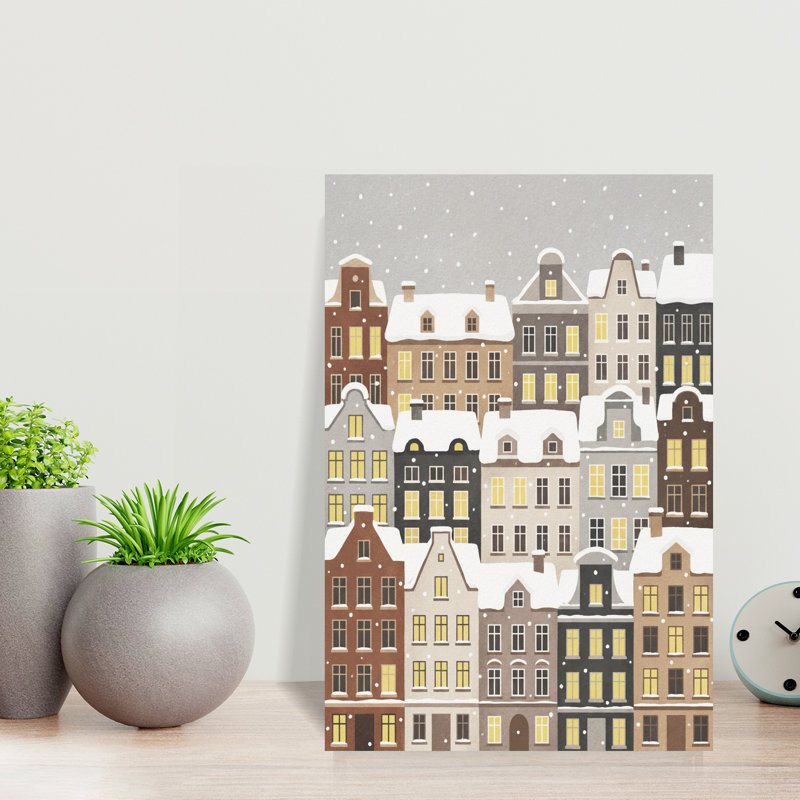 Cozy Winter Town, art contemporain urbain abstrait, H 18 po x l 12 po