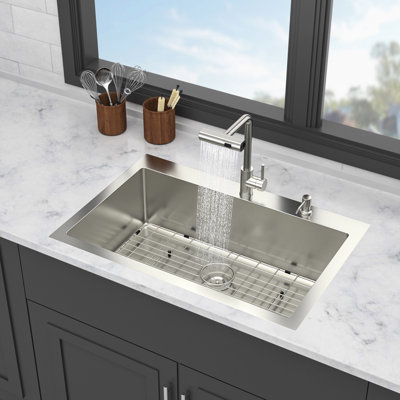 30" Drop - In 16 Gauge T 304 Stainless Steel Kitchen Sink, Equipped With Pull Down Faucet, Pressurized Flushing Mode, And Drain Assembly 30 X 22 10 Inch Steel, Aerated Stream, Waterfall Pad