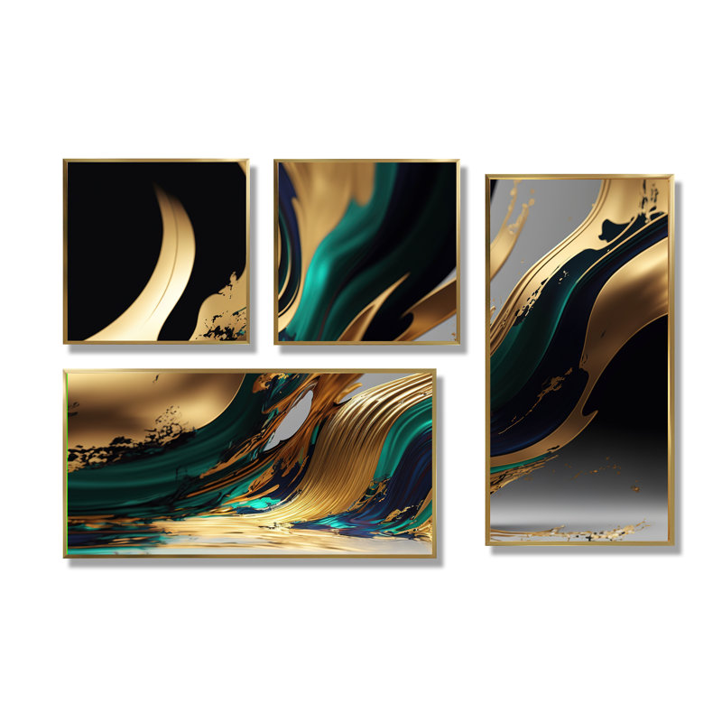 «Green Agate II» - Grand art mural abstrait transitionnel 4 pièces, Impression encadrée sans passe-partout, Doré