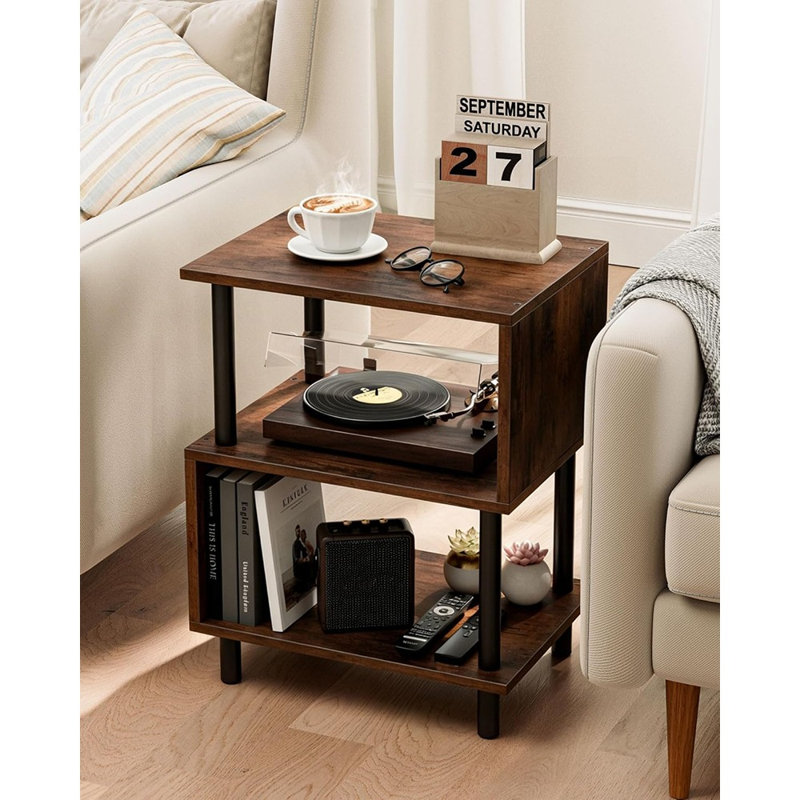 Table d'appoint, table de bout et table de chevet à 3 niveaux rustique brun avec tablettes de rangement en bois et structure en métal robuste pour le salon, la chambre à coucher et les petits espaces