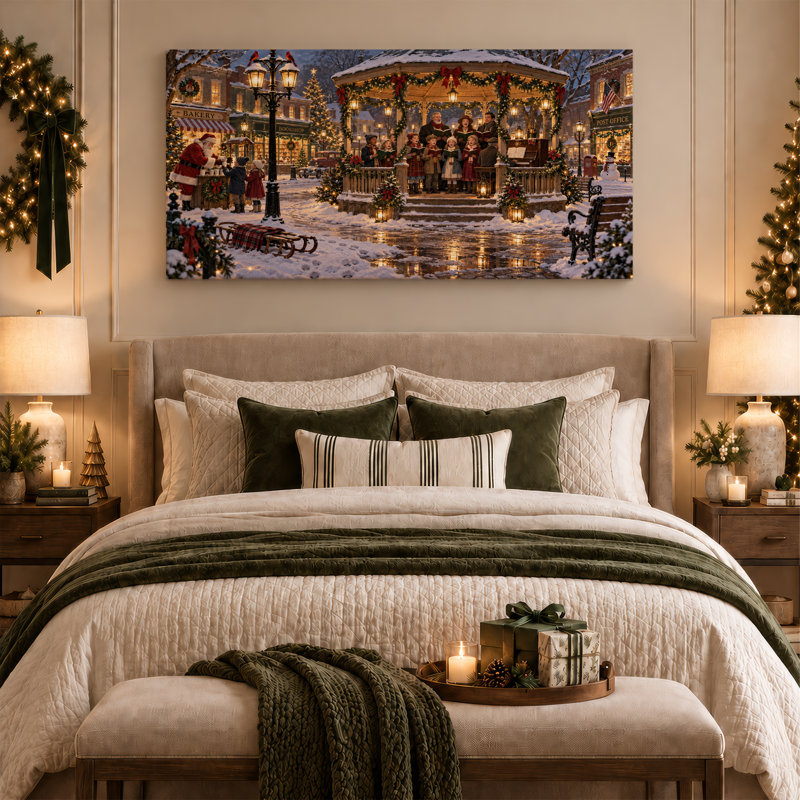 «Santa and Choir Singing in Snowy Town Square Christmas», art mural sur toile, L 46 po x H 24 po