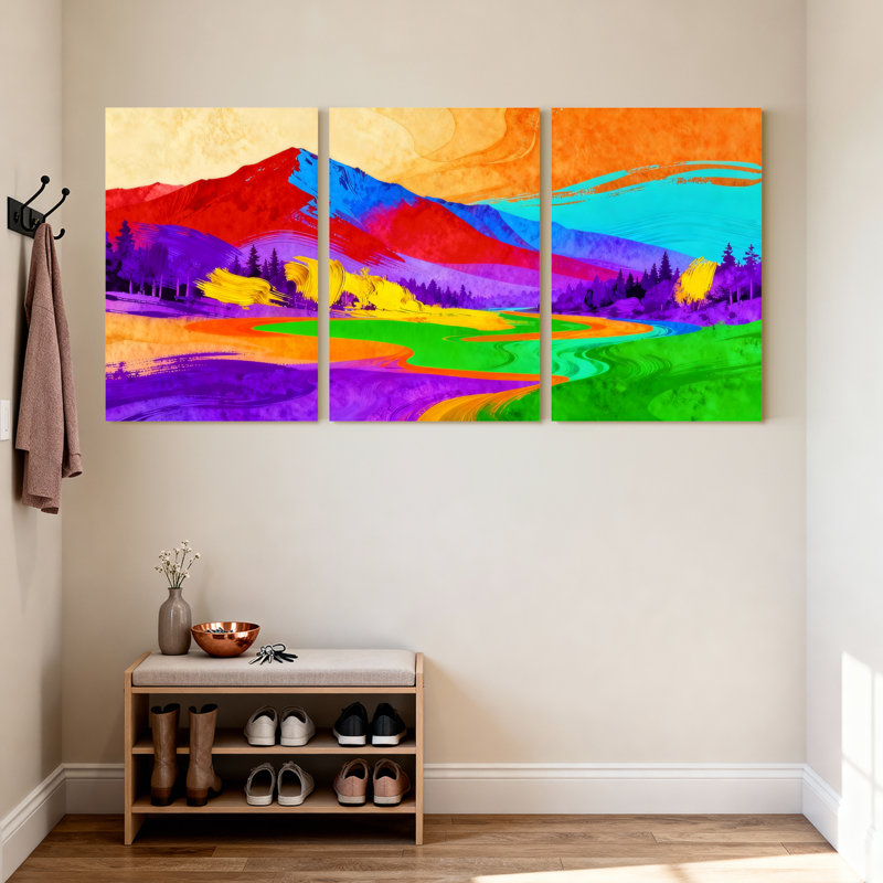 Scénario et paysages urbains, paysage de montagne vibrant avec reflets colorés, ensemble de 3 impressions sur toile
