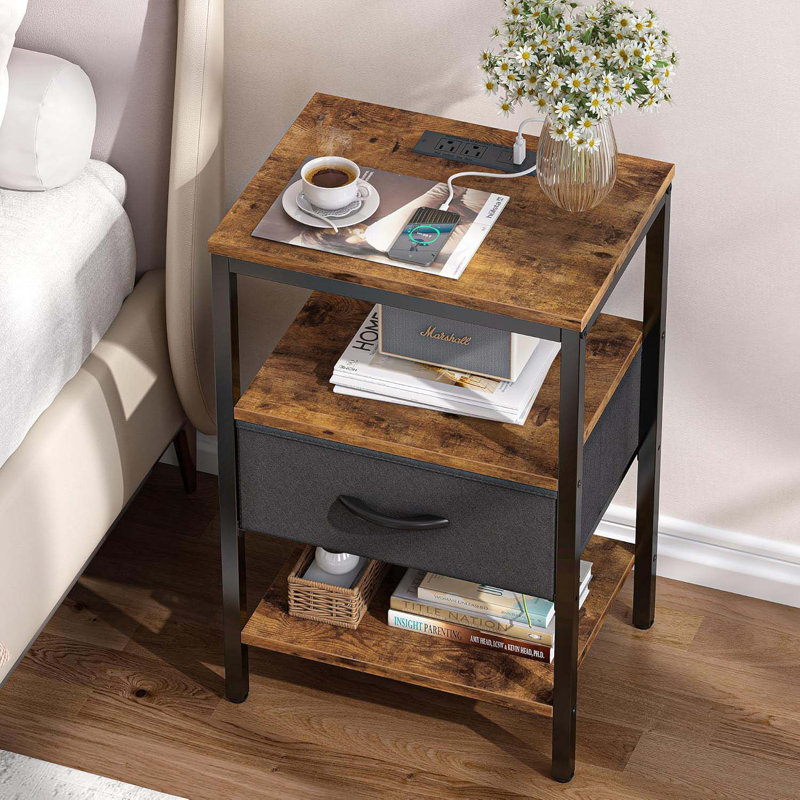 Night Stand With Charging Station, LED Nightstand For Bedroom, Bedside Tables With Adjustable Fabric Drawer, 3-Tier End Table Living Room, Small Side Table With Storage, 