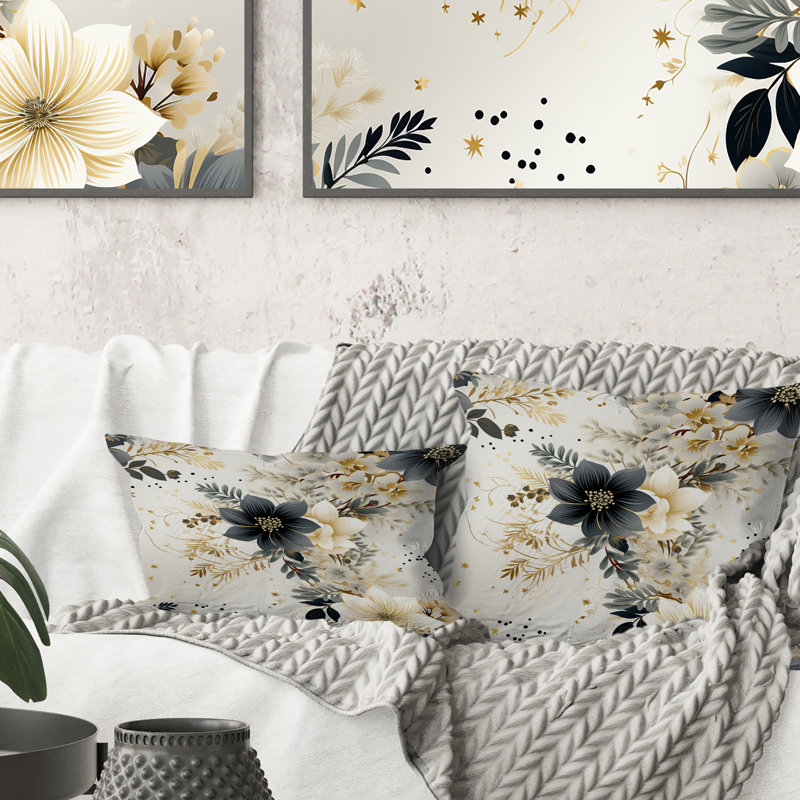 Coussin décoratif à imprimé floral fougères gris et beige
