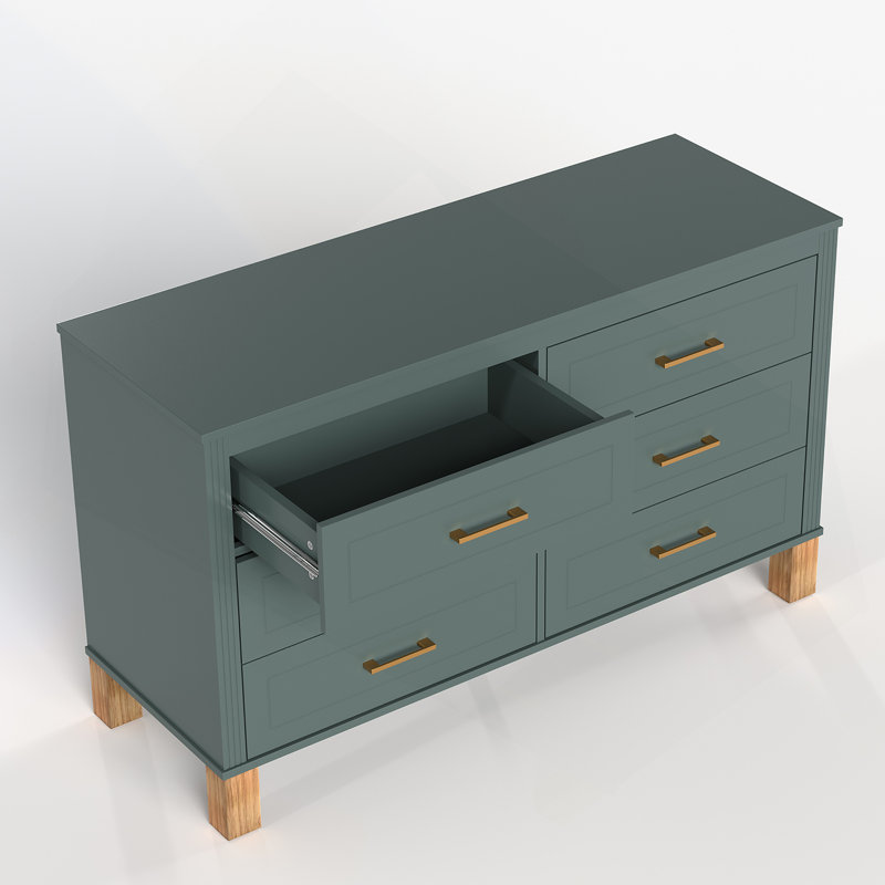 Commode 6 tiroirs, commode de rangement moderne avec poignées en métal et pieds en bois massif, Vert clair