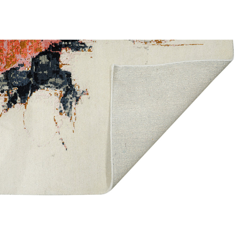 Hand Knotted Abstract Area Rug in Ivory/Black/Burned Orange, Rectangle 10' x 14'