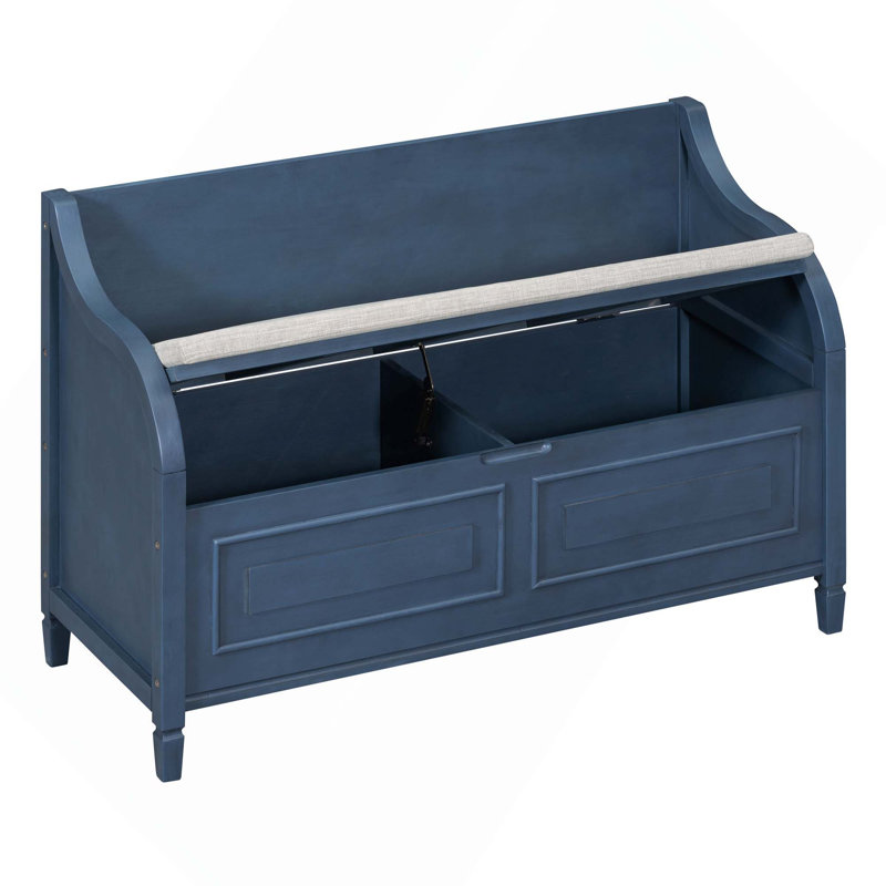 Banc de rangement multifonctionnel rustique en bois massif avec charnière de sécurité, Bleu marine antique