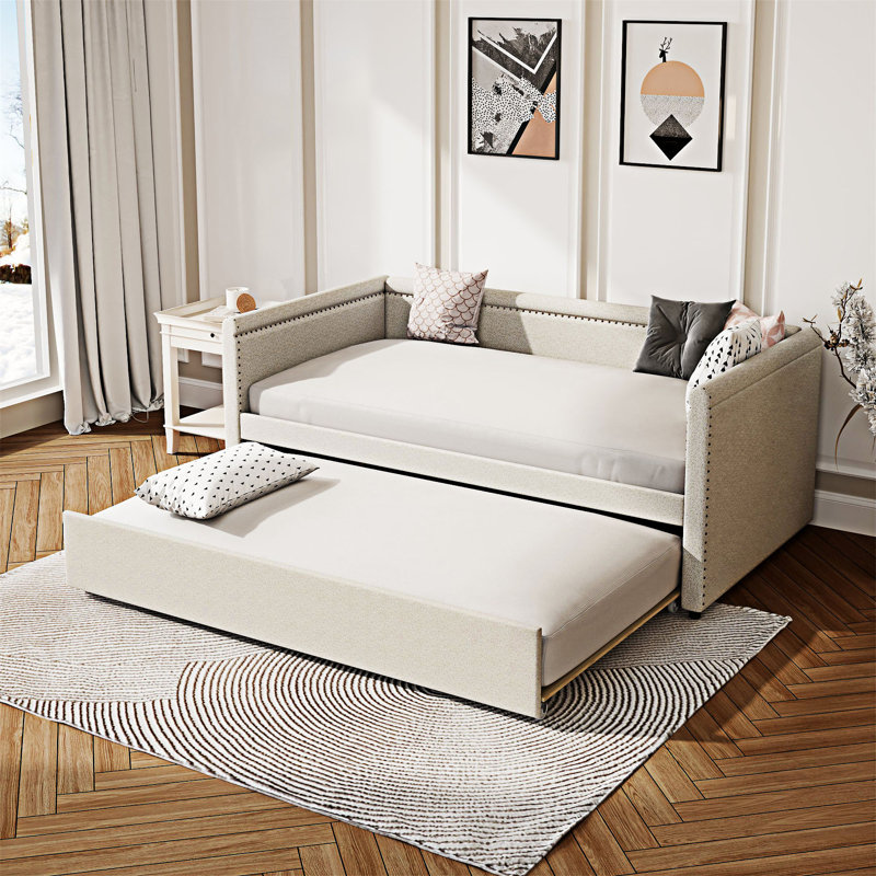 Lit de jour simple rembourré avec couchette, Beige