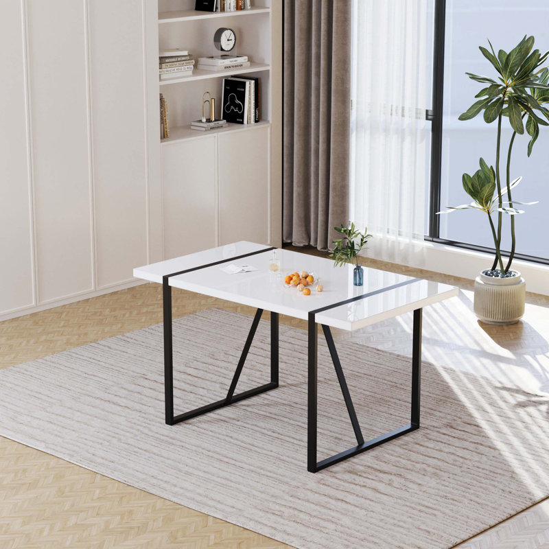 55 Inch Modern Rustic White MDF Dining Table, Black Rectangular Metal Leg Household Kitchen Dinner Table For 4-6 People