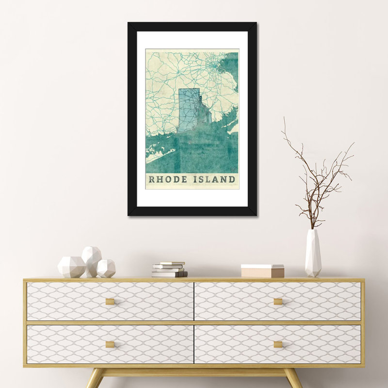 «Rhode Island Map», impression sur toile, H 24 po x l 16 po x P 1 po, Papier d'art encadré noir, Blanc