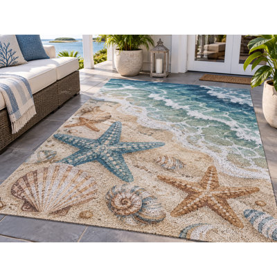 5' x 7' Outdoor Area Rug Starfish Seashell Beach Heavyweight Solid Waterproof PVC Coil Loop Carpet, Heavy Duty Patio Rug, Quick Dry Indoor Outdoor Mat for Entryway