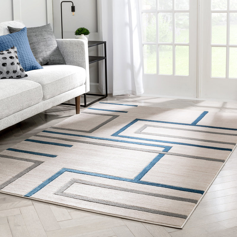 Tapis géométrique bleu / ivoire / gris Clarys, Rectangle 9 pi 3 po x 12 pi 6 po