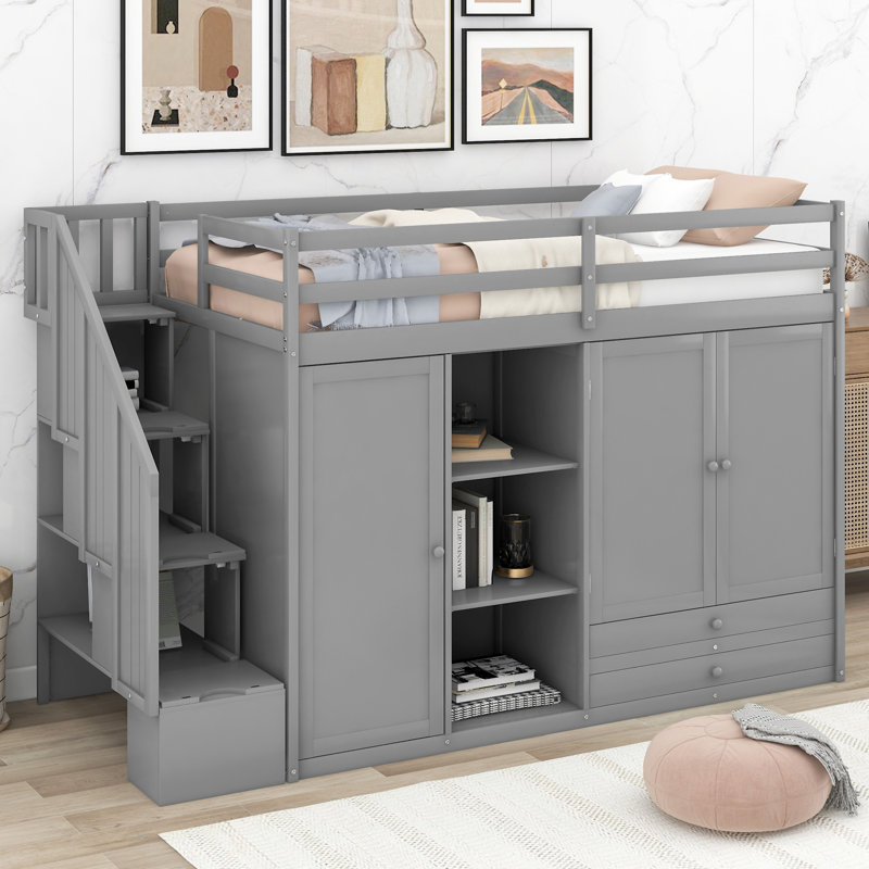 Functional Loft Bed With 3 Shelves, Gray