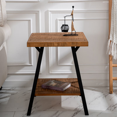 Solid Wood Rustic End Table - 2-tier Industrial Side Table With X-frame Base