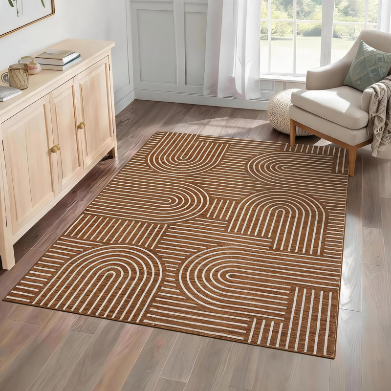 Tapis d'intérieur ultra-doux et lavable Modern Rhythm Melody Camel, 152 x 213 cm (5 x 7 pi), 350 g/m², à poils longs, pliable et imprimé, avec envers en TPR, idéal pour le salon, la chambre, la salle à manger et la décoration intérieure.