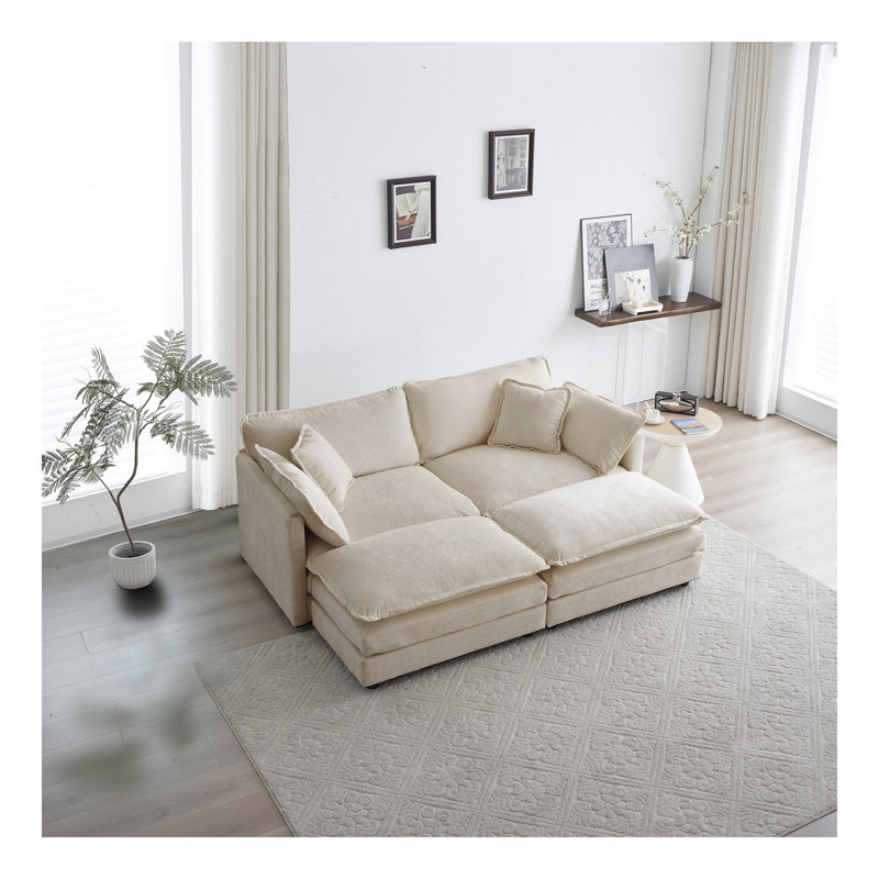 Canapé modulaire rembourré 4 pièces, canapé 1 place 2 pièces et 2 repose-pieds, causeuse 2 places avec repose-pieds, chenille beige