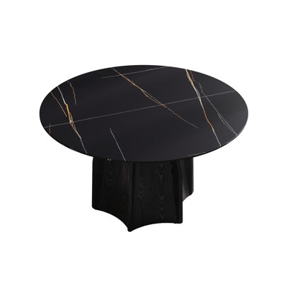 53" Round Sintered Stone Dining Table, Black Textured Base, Accommodates 6, Modern Room To Scratches And Heat Table In Style, Solid Wood Top For Heatproof &