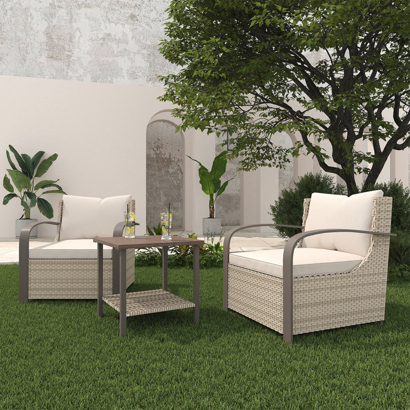 Ensemble de 3 chaises de conversation en rotin tissé pour l'extérieur de style pastoral, deux chaises simples et une table basse double couche