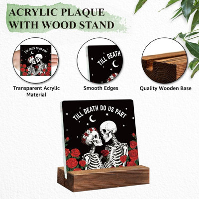 Till Death Do Us Part Skeleton Acrylic Sign – Gothic Couple Table Decor with Wooden Stand
