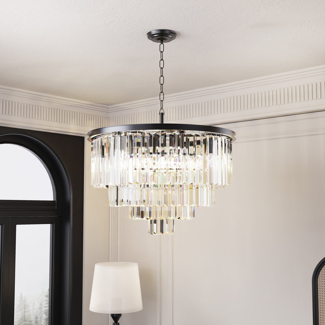 24" Modern 9 - Light Dimmable Tiered Chandelier with Crystal Accents Everly Quinn