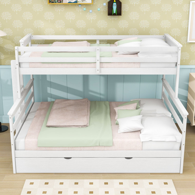 Twin XL over Queen Wooden Bunk Bed with Trundle and Guardrails, White