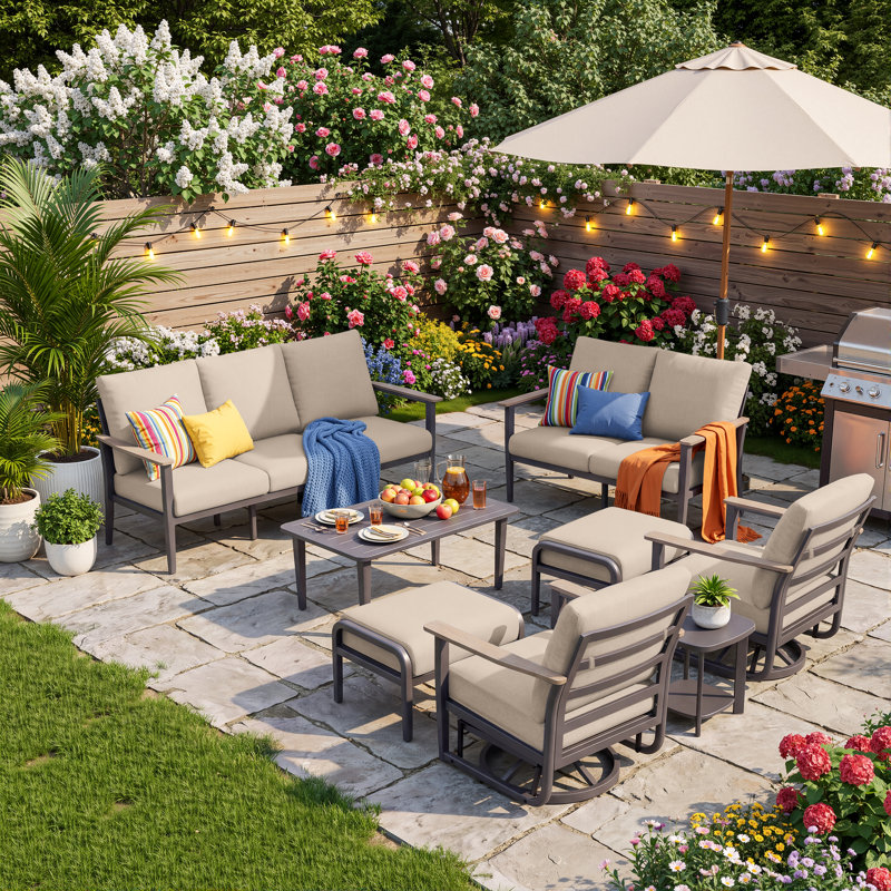 Ensemble de conversation pour patio extérieur 9 personnes avec 2 chaises berçantes pivotantes, 2 poufs, une table basse et une table d'appoint