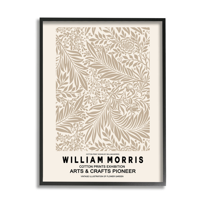 Texte détaillé sur les feuilles botaniques beiges de William Morris, L 24 po x H 24 po, Giclée encadrée noir minuit