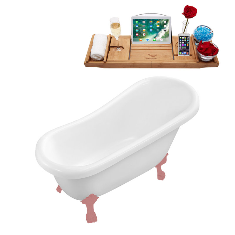 61" Streamline Clawfoot Soaking Acrylic Bathtub With Drain, Clawfeet, and Bamboo Tray, Matte Pink, Matte Pink