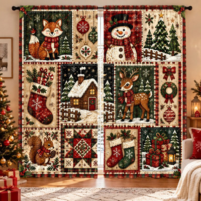 2 pièces de rideaux en patchwork de Noël festif, imprimé animal fantaisiste et maison, filtrage de la lumière, intimité, passe-tringle, lavable à la machine, convient au salon, à la chambre à coucher, aux décorations des Fêtes