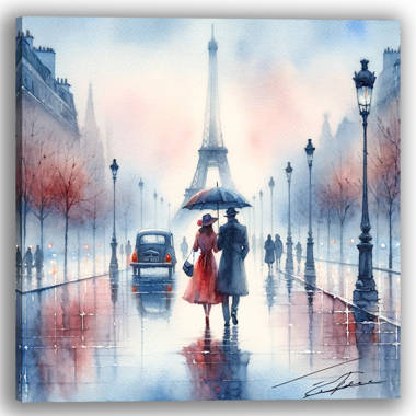 Vintage Paris Stroll Rainy Day With Classic Car And Eiffel Tower On Canvas Print