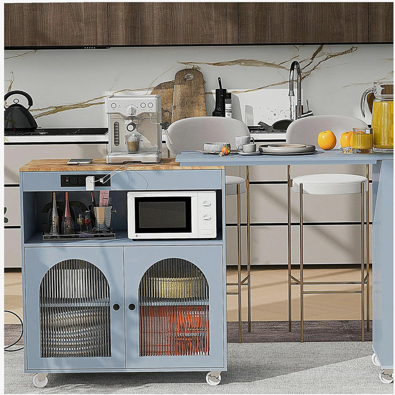 Rolling kitchen island with extension table, kitchen island with LED lights, power outlets, and 2 rectangular glass doors, kitchen island with storage compartments and 3 open shelves on the side, gray