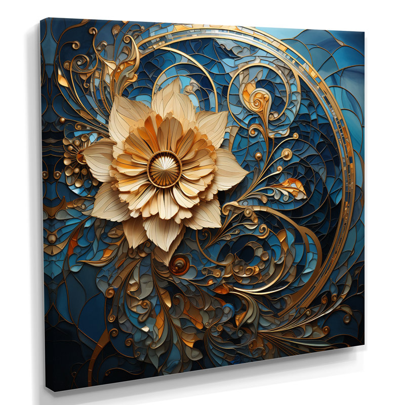 «Blooming Gold Flower Abstract Ornamental on Blue», impression d'art floral moderne, Toile tendue, H 30 po x l 30 po x P 1 po