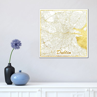 Dublin Gold Leaf Urban Blueprint Map by Hubert Roguski - Wrapped Canvas Print