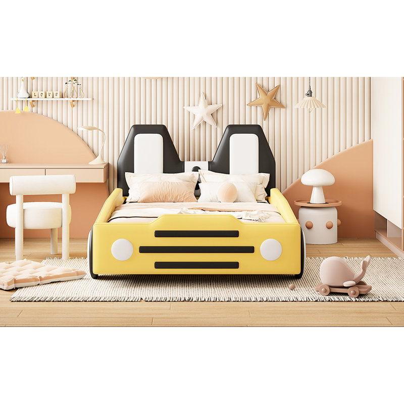 Lit plateforme jaune avec thème voiture de course et roues - sommeil confortable, sommeil relaxant, Jaune